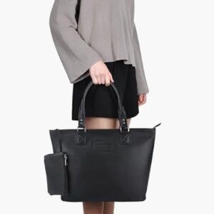 Large Black Leather Tote Satchel Carryall Handbag for Women, Purse, Bag